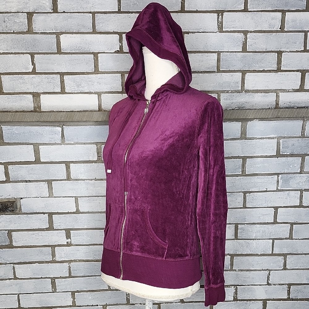 Victoria's Secret Velour Hooded Track Jacket XS Full Zip Up Pockets Deep Purple